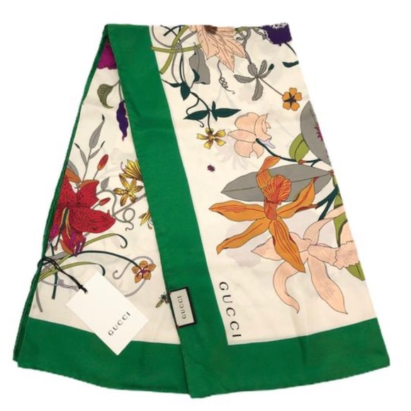 Gucci Accessories - Gucci Flora Silk Ivory Green Flowers Scarf